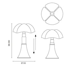 Disegno tecnico lampada da tavolo Pipistrello LED con misure