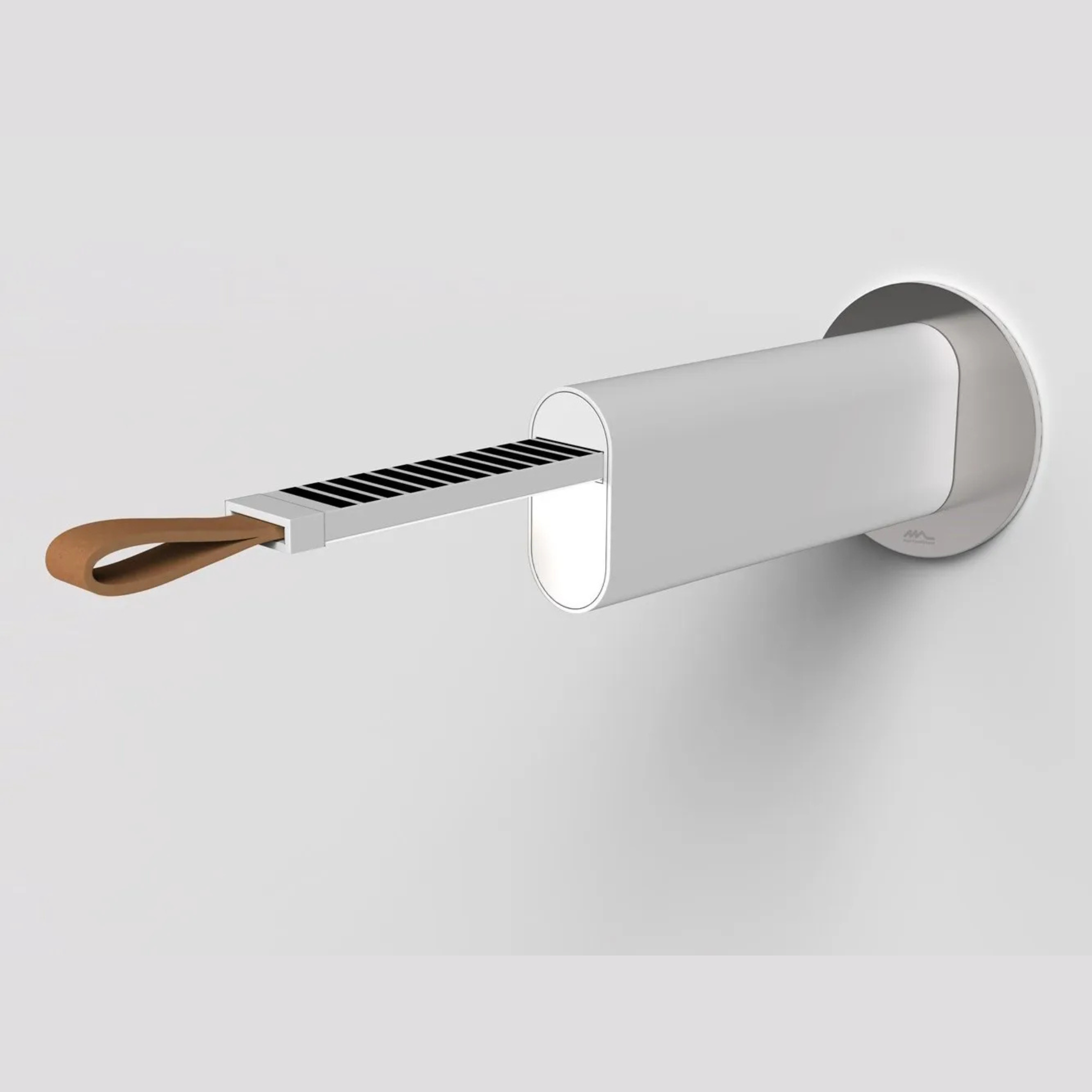 Metrica, lampada da parete di design con sorgente luminosa estraibile, su sfondo bianco.
