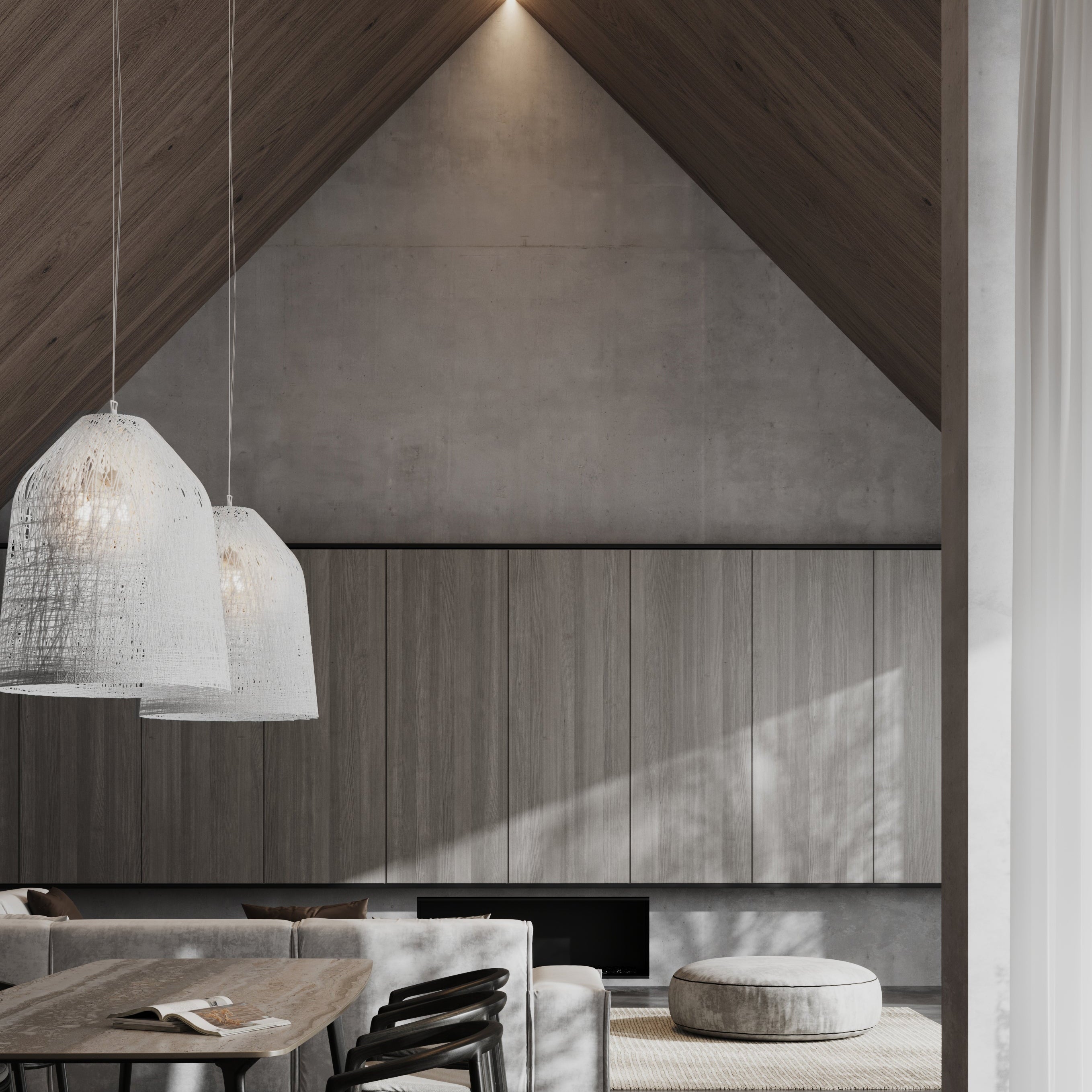 Lampada a sospensione Karman Black Out installata sopra un tavolo da pranzo in legno.