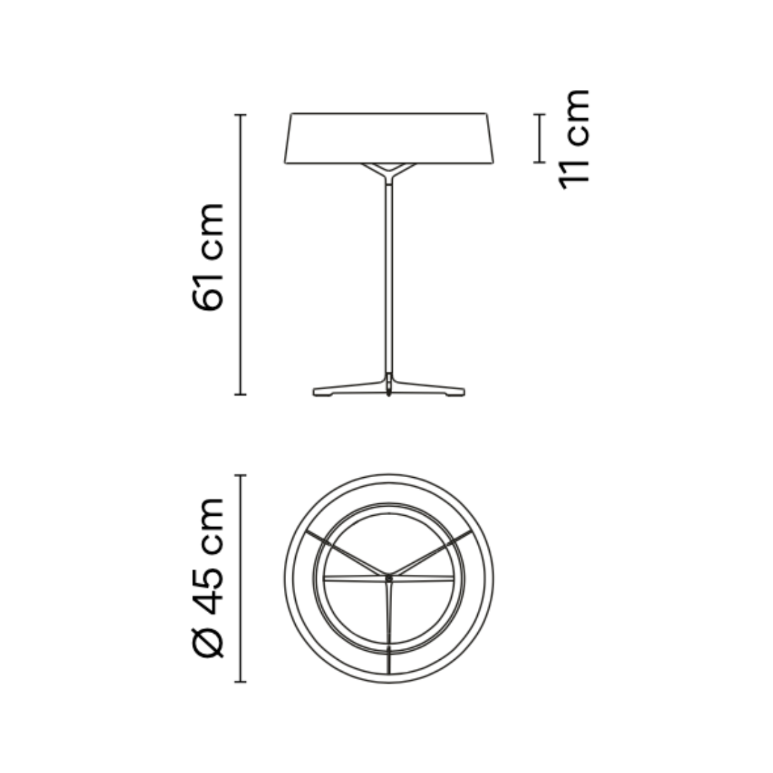 Disegno tecnico con le dimensioni della lampada da tavolo DAMA di Vibia, modello 3225: altezza 63.5 cm e diametro 45 cm.