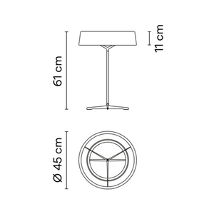 Disegno tecnico con le dimensioni della lampada da tavolo DAMA di Vibia, modello 3225: altezza 63.5 cm e diametro 45 cm.