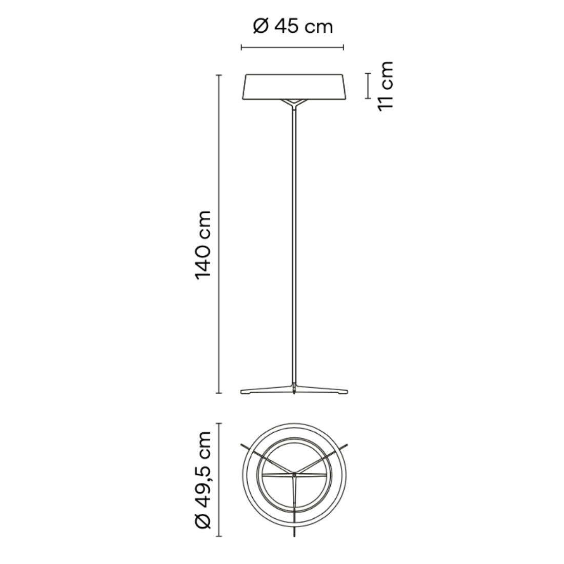 Disegno tecnico con le dimensioni della lampada da terra DAMA di Vibia, altezza 40cm diametro 45cm