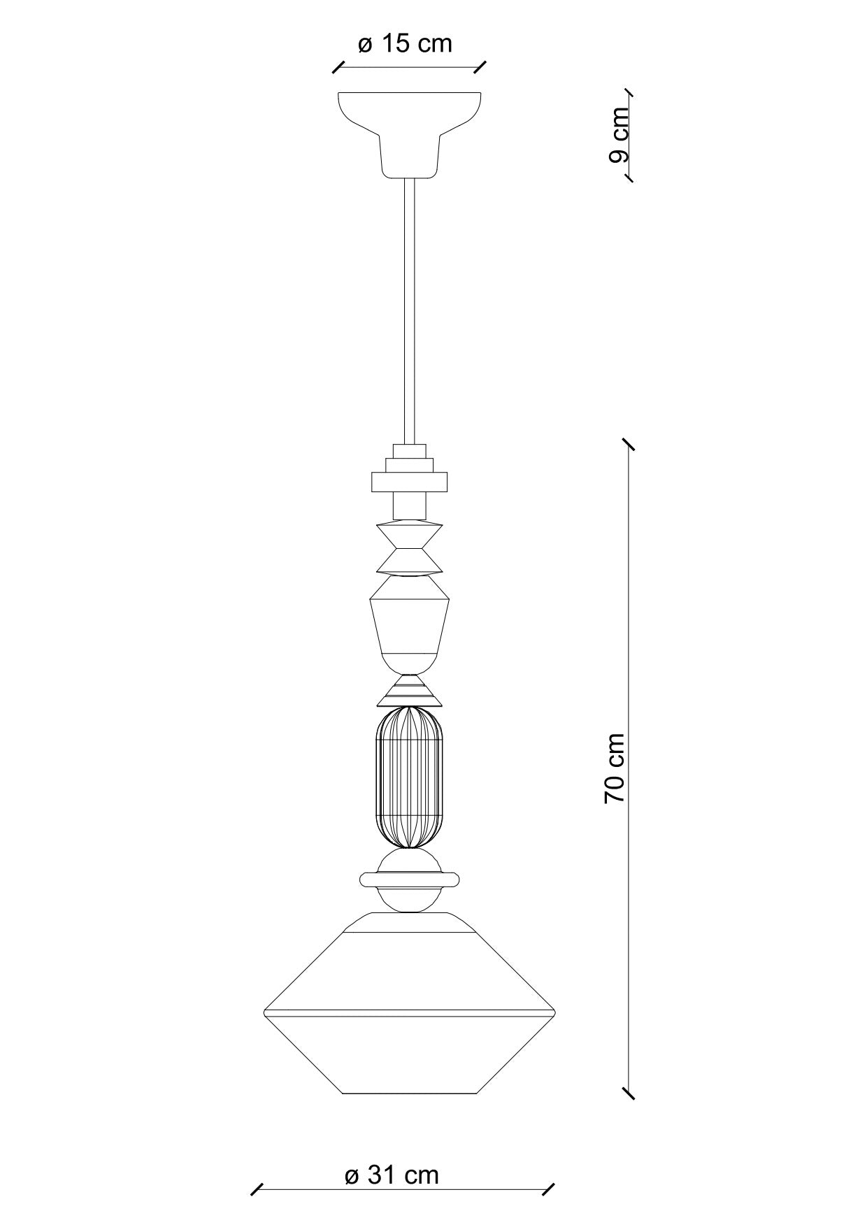 Disegno tecnico con le dimensioni della sospensione Lariat C2511: altezza 70 cm e diametro 31 cm
