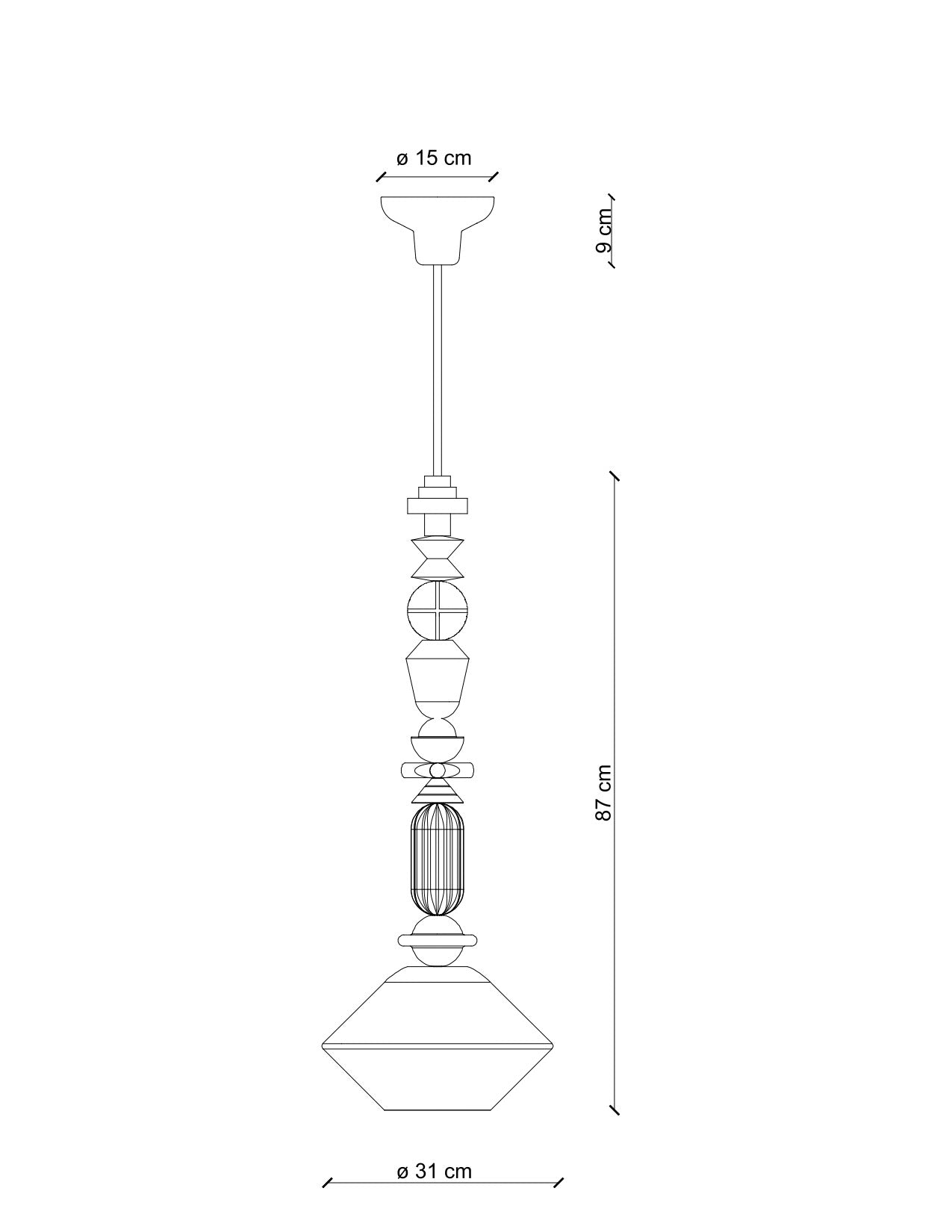 Disegno tecnico con le dimensioni della sospensione Lariat C2512: altezza 87 cm e diametro 31 cm.
