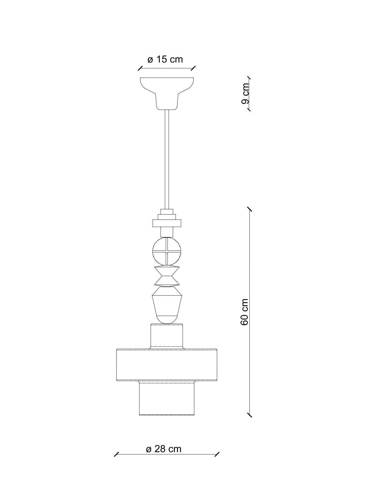 Disegno tecnico con le dimensioni della sospensione Lariat C2530: altezza 60 cm e diametro 28 cm.