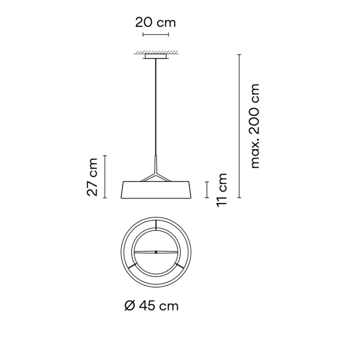 Disegno tecnico con le dimensioni della sospensione DAMA di Vibia, modelli 3200 e 3205