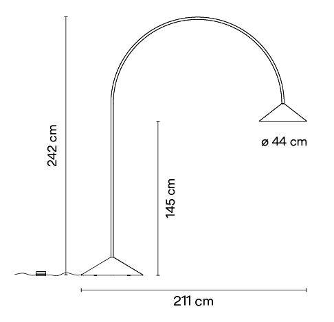 Disegno con misure della lampada da terra ad arco per esterni di Vibia.