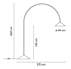 Disegno con misure della lampada da terra ad arco per esterni di Vibia.