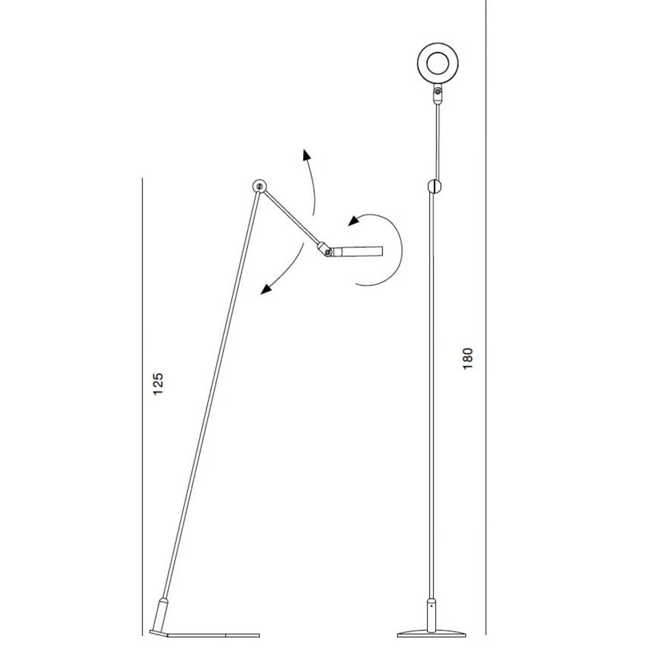 Disegno con misure della lampada da terra con braccio orientabile L'Amica di Martinelli Luce.