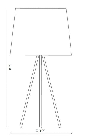Disegno tecnico con misure della versione Extra Large della lampada treppiede Eva di Martinelli Luce.