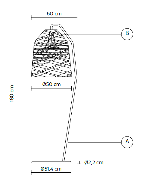 Disegno con misure della piantana di Karman per soggiorni.