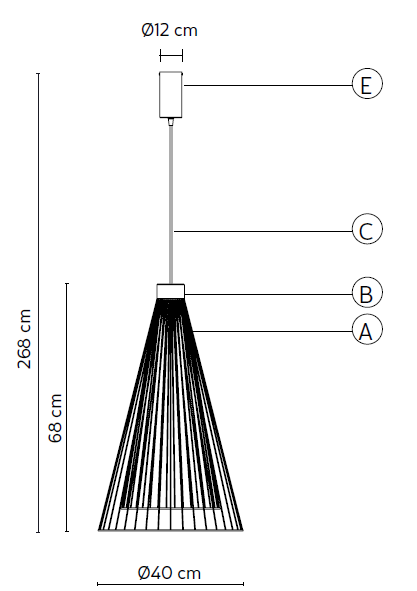 Disegno tecnico con misure della lampada a sospensione Ikonika