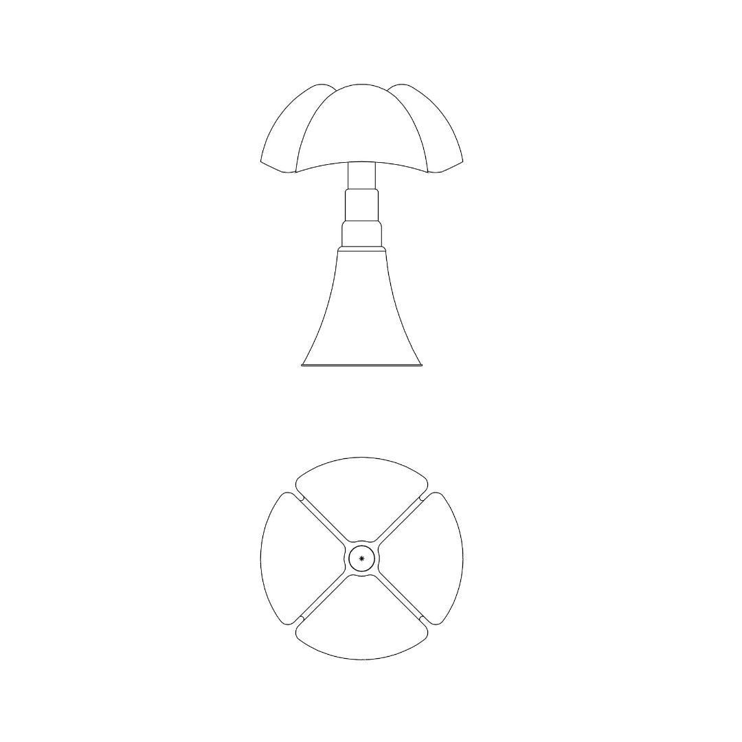 Disegno tecnico della lampada disegnata da Gae Aulenti Pipistrello