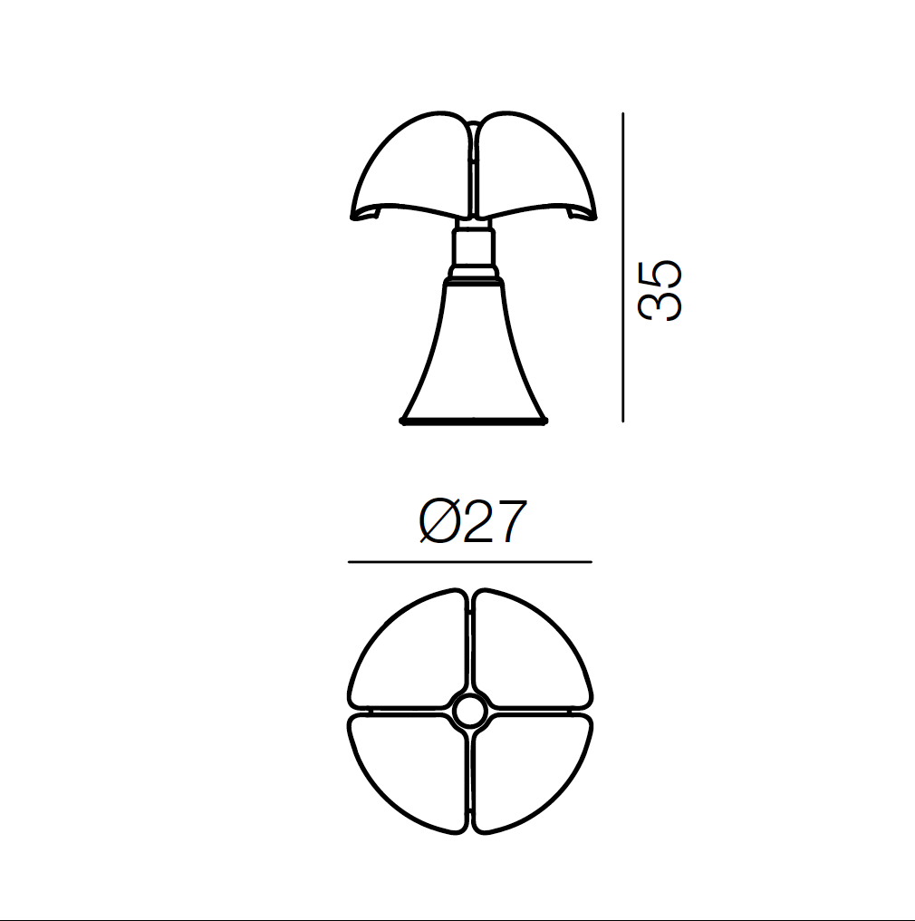 Disegno tecnico con misure per la versione mini della lampada Pipistrello di Martinelli.