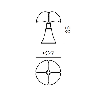 Disegno tecnico con misure per la versione mini della lampada Pipistrello di Martinelli.