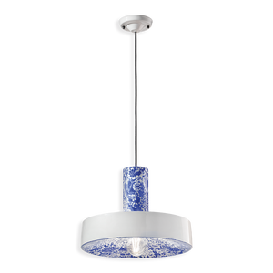 Sospensione di design Pi C2502 di Ferroluce in ceramica con decoro Ming Blu.