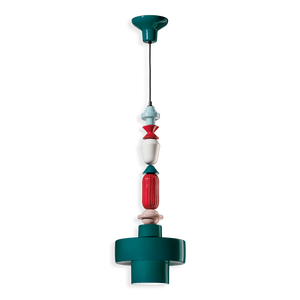 Sospensione C2531 Lariat Ferroluce con 7 elementi ceramici smaltati verde petrolio, scontornata su sfondo bianco