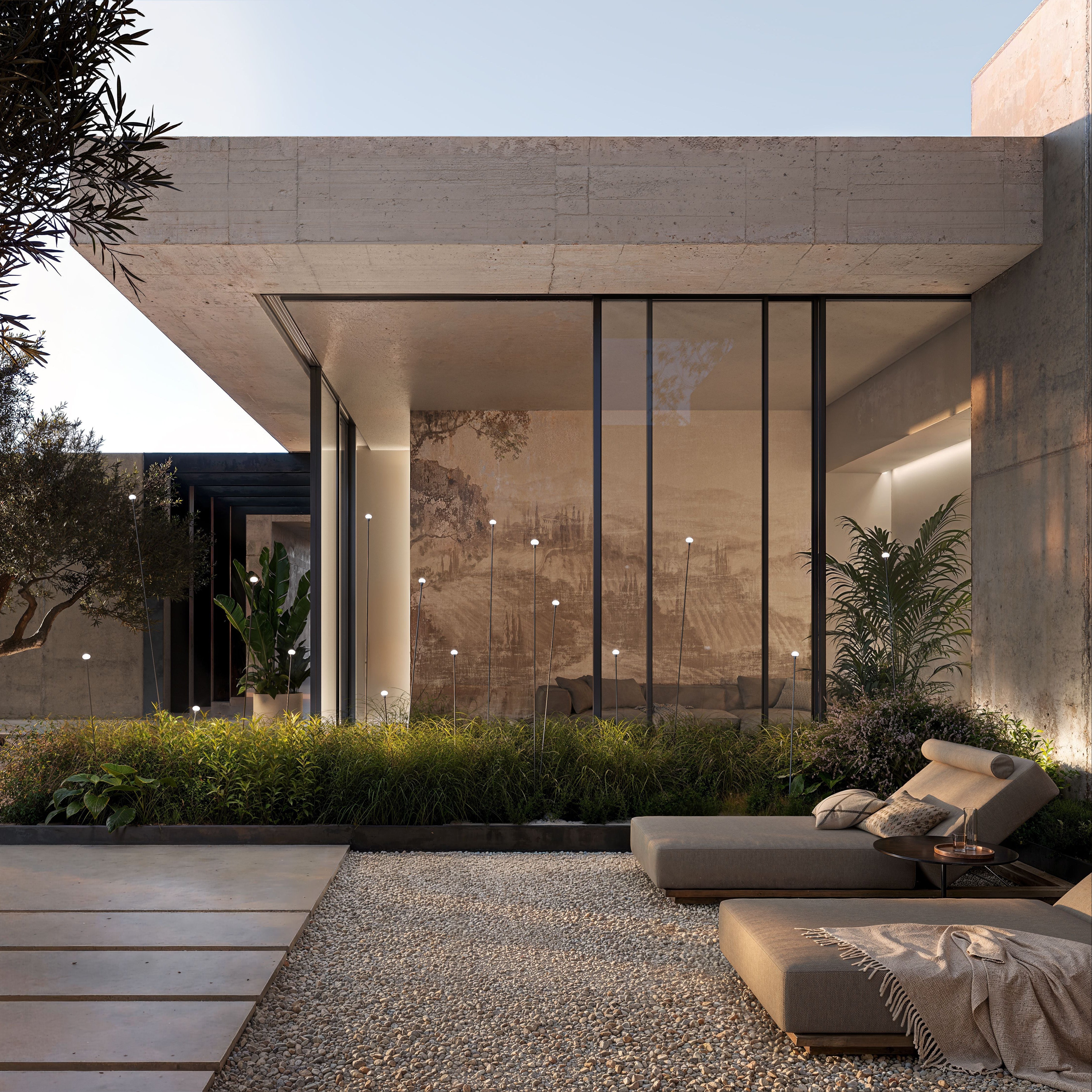 Lampada per giardino Minuit posizionata in un giardino minimale