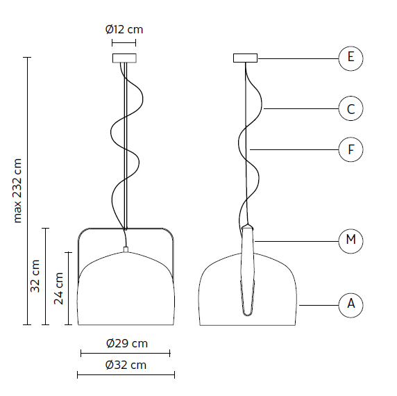 Immagine tecnica con misure della sospensione BAG diffusore 32cm