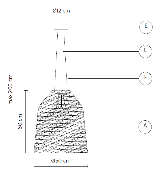 Immagine con misure della sospensione 50cm blackout karman.