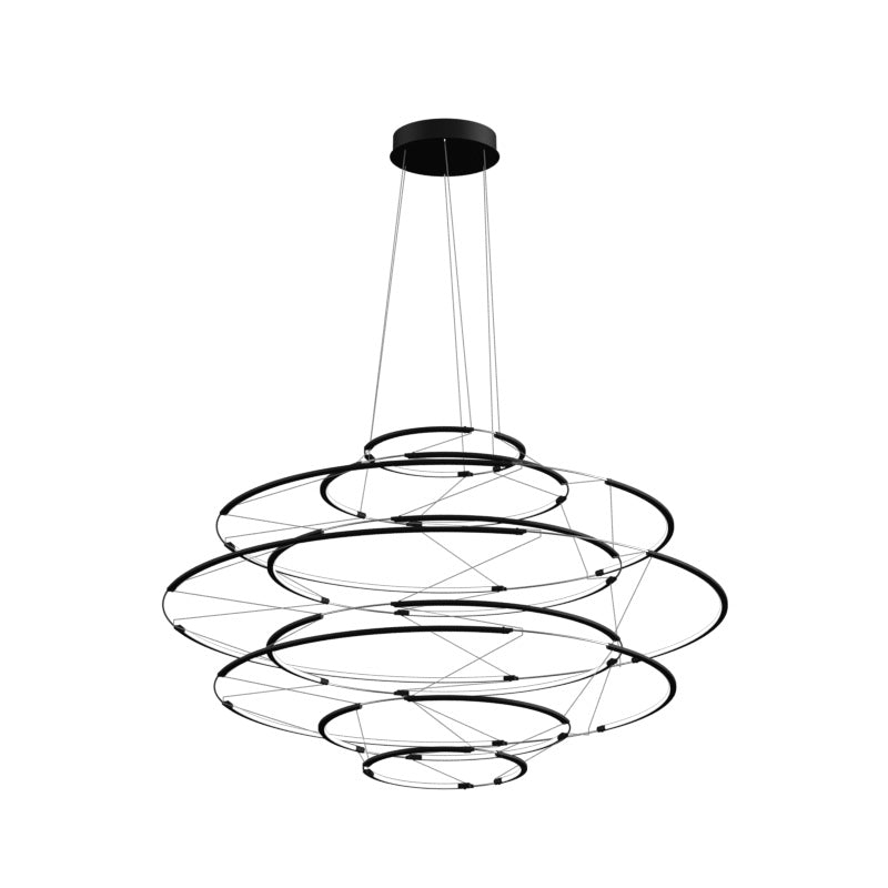 Chandelier Drop 7 Nemo Lighting in alluminio nero opaco con 7 profili LED lineari, design Arihiro Miyake, scontornato su sfondo bianco