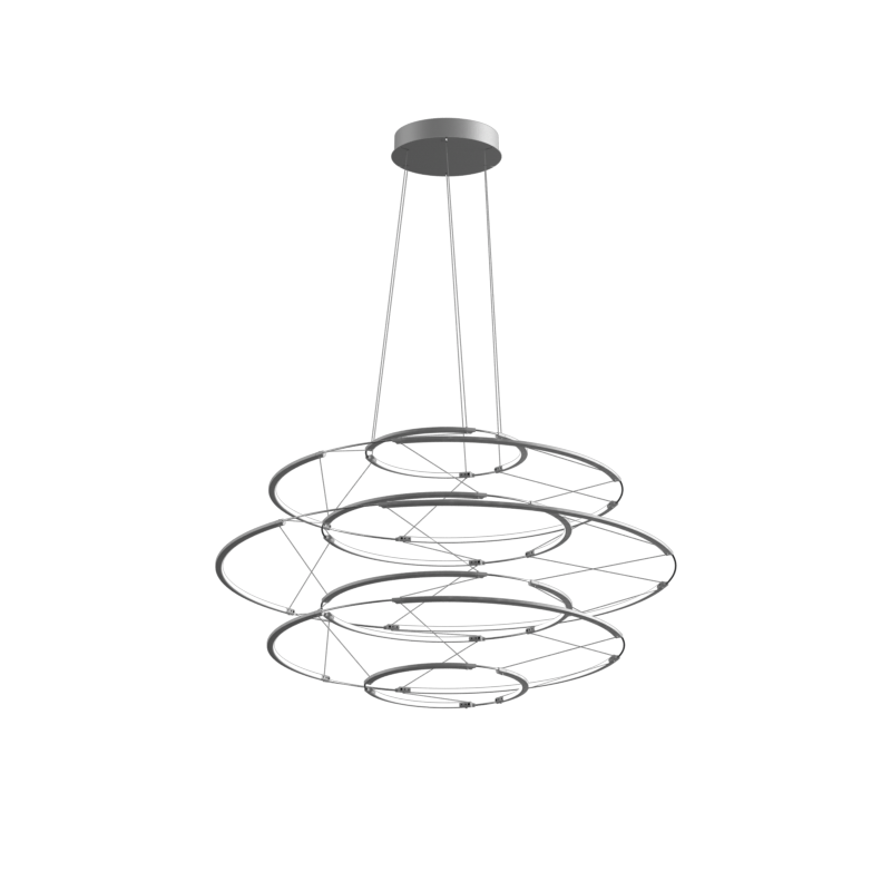 Chandelier Drop 7 Nemo Lighting in alluminio argento satinato, design Arihiro Miyake, scontornato su sfondo bianco